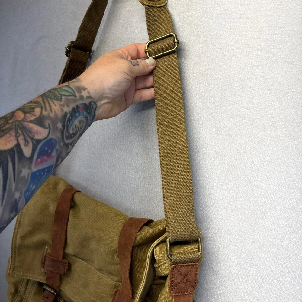 S.C. Cotton Military Messenger Bag Khaki Canvas Leather Trim Crossbody Satchel